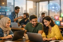 Young Pakistani entrepreneurs working in a modern coworking space with fintech and AI app overlays, representing Pakistan’s growing tech startup ecosystem.