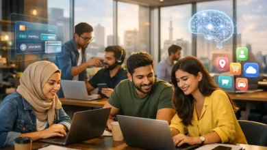 Young Pakistani entrepreneurs working in a modern coworking space with fintech and AI app overlays, representing Pakistan’s growing tech startup ecosystem.