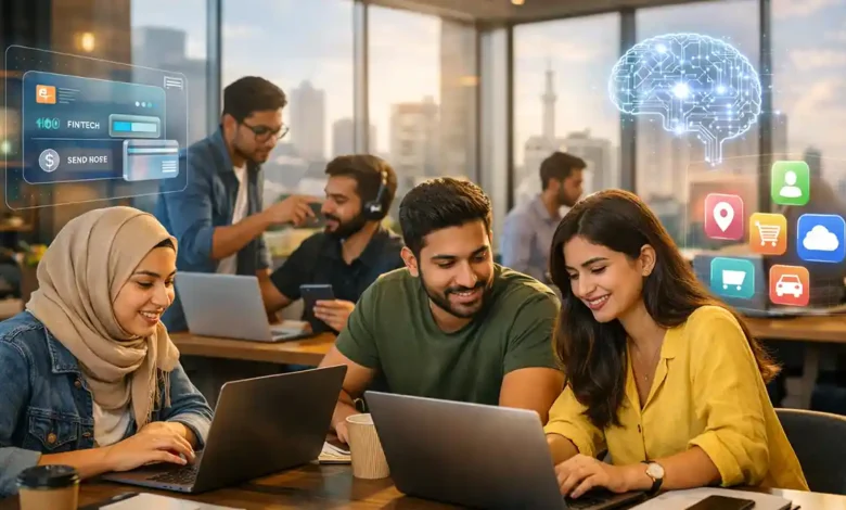Young Pakistani entrepreneurs working in a modern coworking space with fintech and AI app overlays, representing Pakistan’s growing tech startup ecosystem.