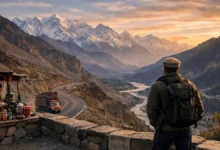 Traveler viewing Karakoram Highway at sunset with snow-capped peaks, a colorful truck, and a roadside tea stall in northern Pakistan