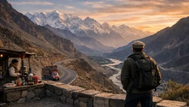 Traveler viewing Karakoram Highway at sunset with snow-capped peaks, a colorful truck, and a roadside tea stall in northern Pakistan