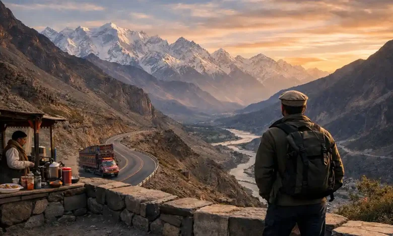 Traveler viewing Karakoram Highway at sunset with snow-capped peaks, a colorful truck, and a roadside tea stall in northern Pakistan