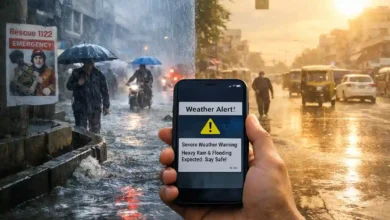 Hand holding a phone showing a weather alert as a Pakistan street shifts from monsoon rain and flooding to heatwave sunlight.