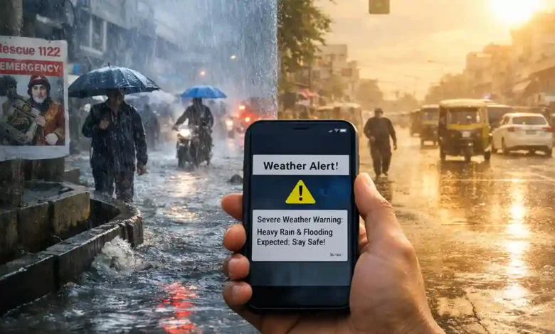 Hand holding a phone showing a weather alert as a Pakistan street shifts from monsoon rain and flooding to heatwave sunlight.