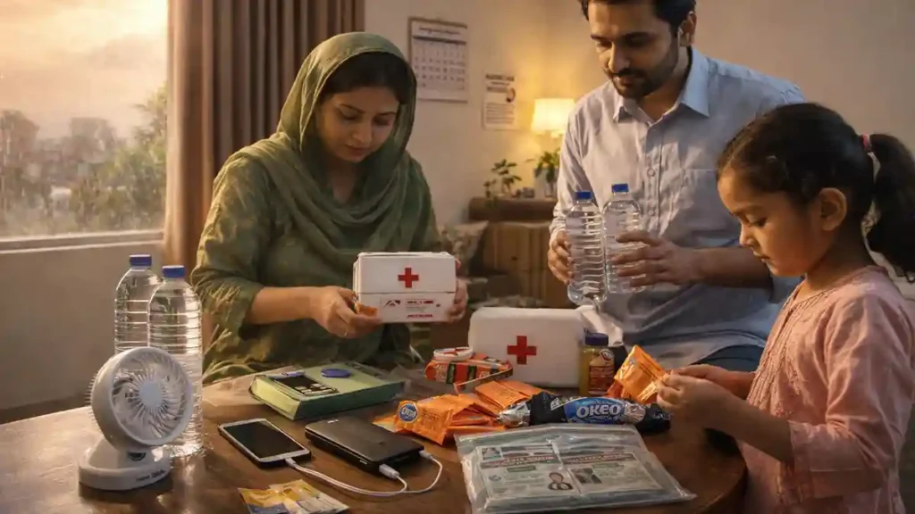 Pakistani family preparing an emergency kit at home with water, first-aid box, ORS, power bank and a small fan during monsoon and heatwave season.