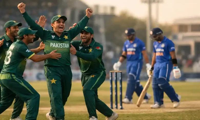 Pakistan U19 players celebrate a wicket as India U19 batters walk back during the Pakistan vs India final match 2025 in Dubai