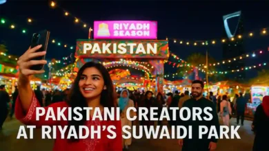 Pakistani social media influencer taking a selfie at Riyadh Season’s Al Suwaidi Park.