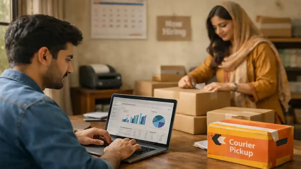 Young Pakistani man analyzing spreadsheets on a laptop while a woman packs online order parcels in a modest Lahore small business office with a courier pickup box, warm window light.