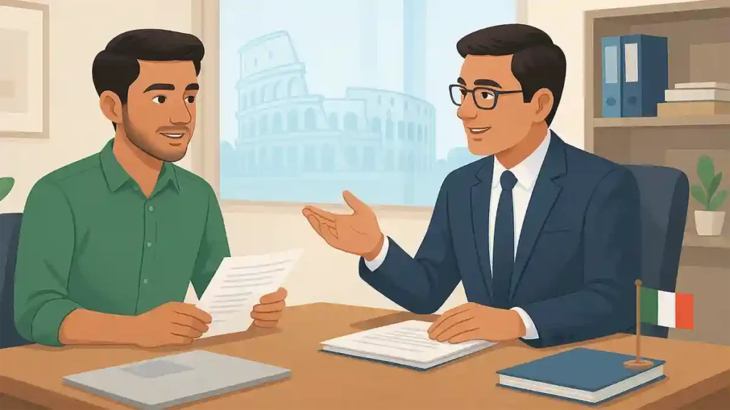 Young Pakistani student consulting a study visa expert in an Islamabad office with Italian cultural elements and Colosseum in the background