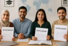 Four Pakistani students smiling and holding scholarship acceptance letters at a study consultancy desk, representing global scholarship opportunities for 2025.