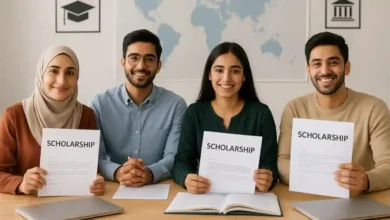 Four Pakistani students smiling and holding scholarship acceptance letters at a study consultancy desk, representing global scholarship opportunities for 2025.