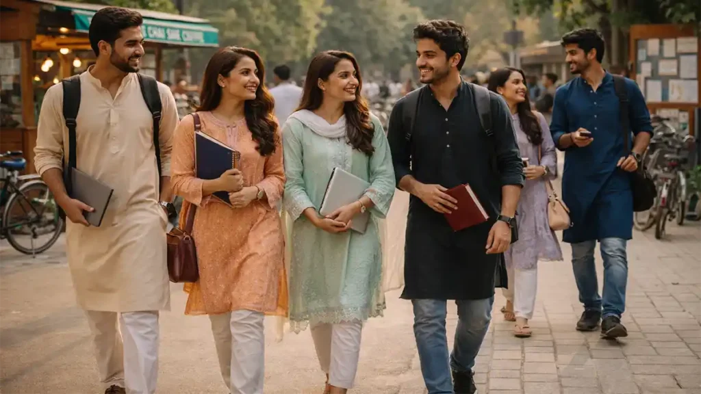 Modern Pakistani lifestyle on a university campus with Pakistani students wearing trendy shalwar kameez and pret outfits, carrying laptops and backpacks