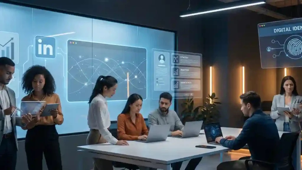 Illustration of professionals building their personal brand with laptops, digital profiles, and growth charts to represent career development.