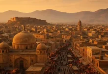 Cinematic night view of Bala Hissar Fort with modern neon-lit buildings and clean futuristic streets in Peshawar