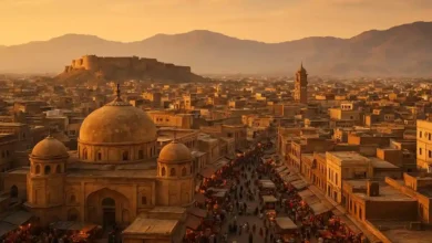 Cinematic night view of Bala Hissar Fort with modern neon-lit buildings and clean futuristic streets in Peshawar