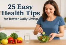 Flat lay of fresh fruits, vegetables, water bottle, running shoes, and yoga mat representing easy health tips for daily living