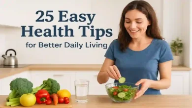Flat lay of fresh fruits, vegetables, water bottle, running shoes, and yoga mat representing easy health tips for daily living
