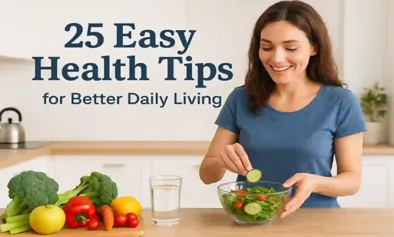 Flat lay of fresh fruits, vegetables, water bottle, running shoes, and yoga mat representing easy health tips for daily living