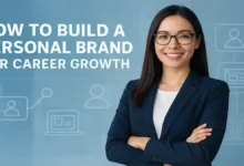 A confident professional woman standing in front of digital branding icons, representing personal brand development and career growth.