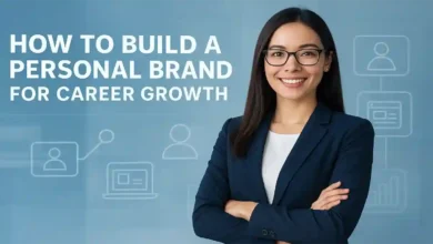 A confident professional woman standing in front of digital branding icons, representing personal brand development and career growth.