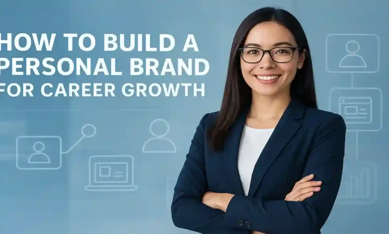 A confident professional woman standing in front of digital branding icons, representing personal brand development and career growth.
