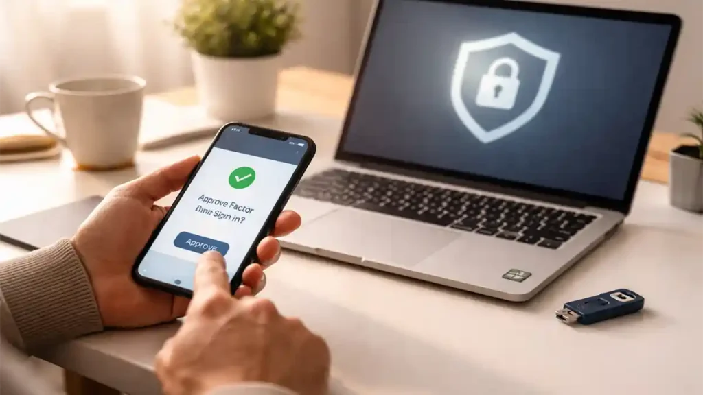 Person approving a passkey sign-in on a smartphone beside a laptop with a security lock icon in a modern home office