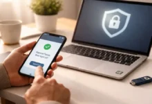 Person approving a passkey sign-in on a smartphone beside a laptop with a security lock icon in a modern home office