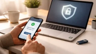 Person approving a passkey sign-in on a smartphone beside a laptop with a security lock icon in a modern home office