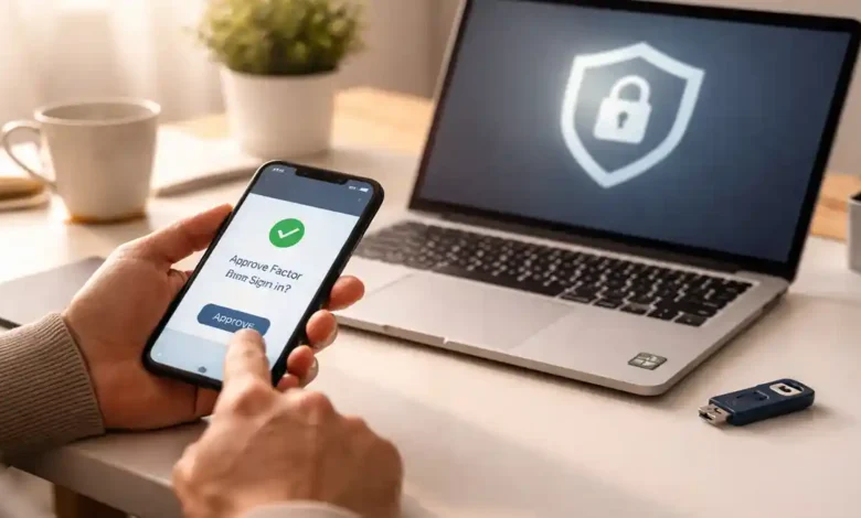 Person approving a passkey sign-in on a smartphone beside a laptop with a security lock icon in a modern home office