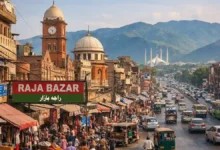Rawalpindi historic twin city of Islamabad showing Raja Bazaar, colonial buildings, busy streets, and Margalla Hills in the background