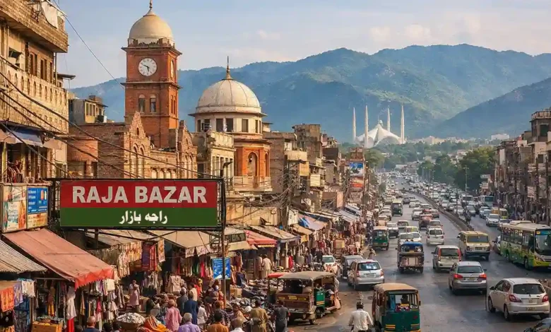 Rawalpindi historic twin city of Islamabad showing Raja Bazaar, colonial buildings, busy streets, and Margalla Hills in the background