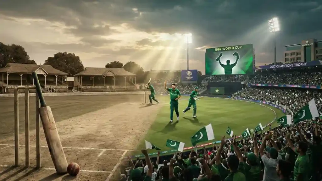 Modern illustration showing the evolution of Pakistan’s national cricket team with players, stadium atmosphere, and symbolic historic achievements.