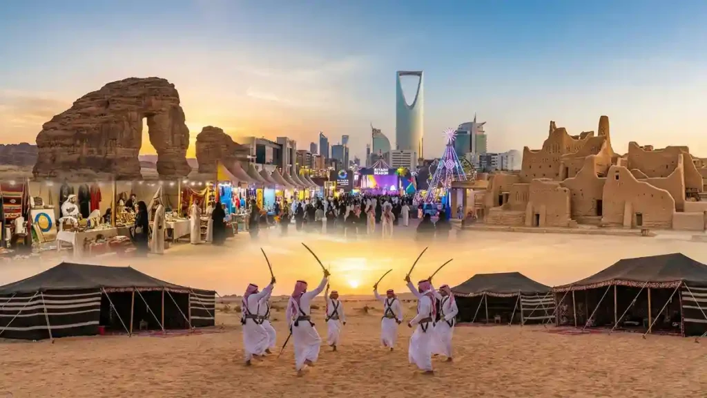 Female Saudi photographer capturing moments in traditional attire with Riyadh’s modern skyline in the background