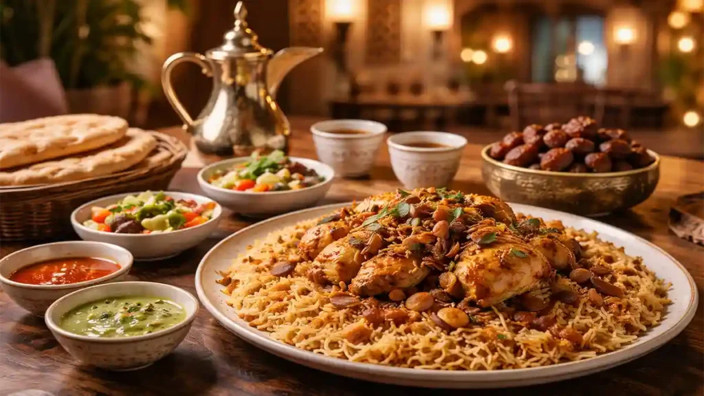 Traditional Saudi kabsa meal with rice and chicken, served with sauces, flatbread, Saudi coffee (qahwa) and dates in a Riyadh restaurant.