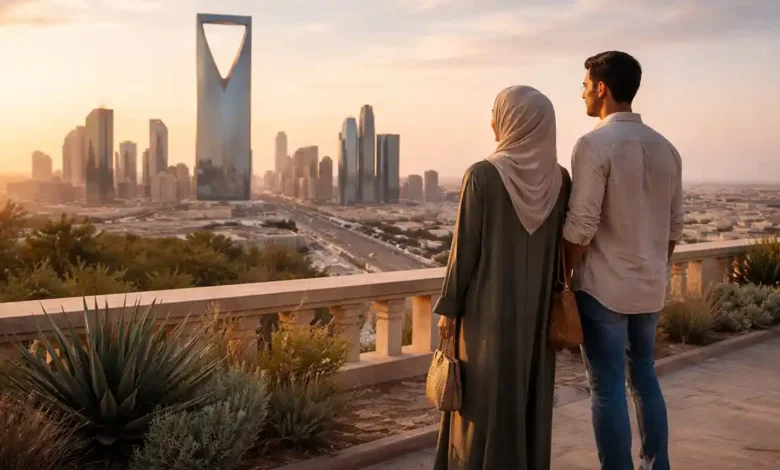 Riyadh skyline at golden hour with Kingdom Centre Tower as a couple looks out from a terrace viewpoint in Saudi Arabia.