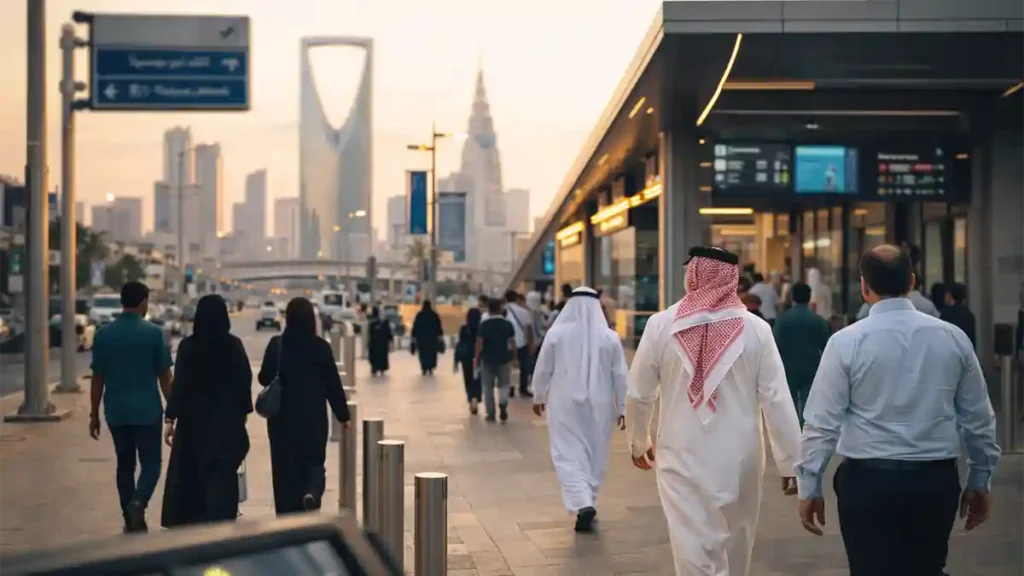 Pedestrians walking near a modern metro station in Riyadh with the Kingdom Centre skyline, representing Saudi Arabia news today