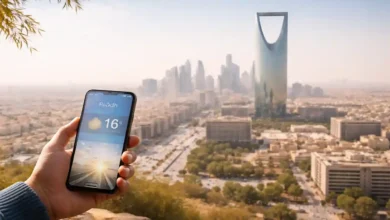 Riyadh skyline with Kingdom Centre under hazy winter sunshine as a hand holds a phone showing today’s 16°C weather forecast.