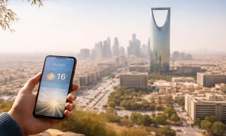 Riyadh skyline with Kingdom Centre under hazy winter sunshine as a hand holds a phone showing today’s 16°C weather forecast.