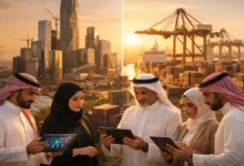 Saudi Arabia economy 2026 featured image showing Riyadh skyline and a busy logistics port, representing non-oil growth and Vision 2030 reforms.