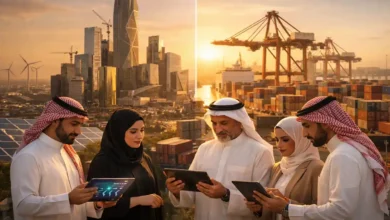 Saudi Arabia economy 2026 featured image showing Riyadh skyline and a busy logistics port, representing non-oil growth and Vision 2030 reforms.