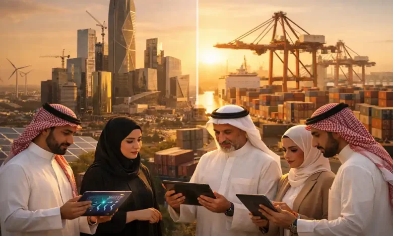 Saudi Arabia economy 2026 featured image showing Riyadh skyline and a busy logistics port, representing non-oil growth and Vision 2030 reforms.