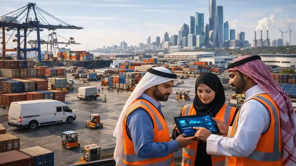 Saudi Arabia economy 2026 scene in Riyadh with professionals walking toward a metro entrance and new development, showing modern jobs and urban growth.