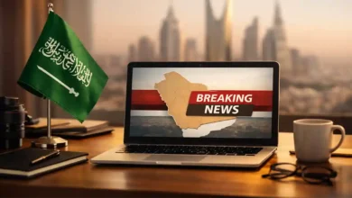 Saudi flag on a desk beside a laptop showing Saudi Arabia map with Riyadh skyline in the background for Saudi Arabia news today