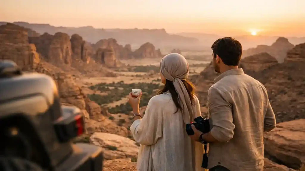 Saudi Arabia travel guide 2026 featured image showing travelers at a sunset viewpoint in AlUla, Saudi Arabia