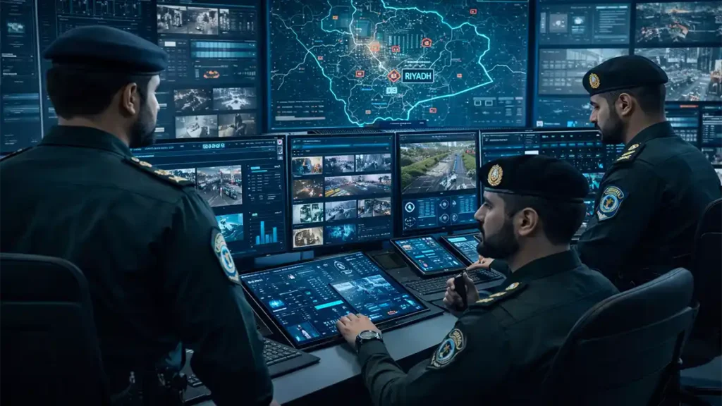 Saudi police officers monitoring city security systems in a high-tech command center, highlighting digital policing and public safety in Saudi Arabia.