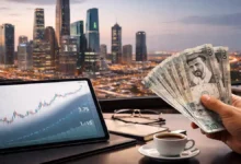 Hand holding Saudi riyal banknotes beside a tablet showing market charts with Riyadh’s KAFD skyline in the background.