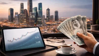 Hand holding Saudi riyal banknotes beside a tablet showing market charts with Riyadh’s KAFD skyline in the background.