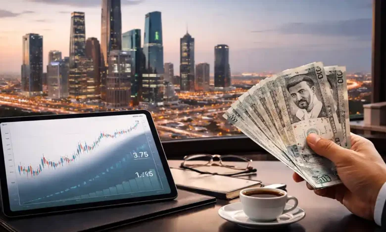 Hand holding Saudi riyal banknotes beside a tablet showing market charts with Riyadh’s KAFD skyline in the background.