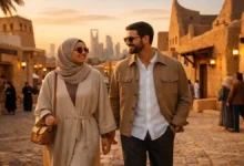 Couple walking through Diriyah’s mudbrick heritage streets at sunset with Riyadh skyline in the background