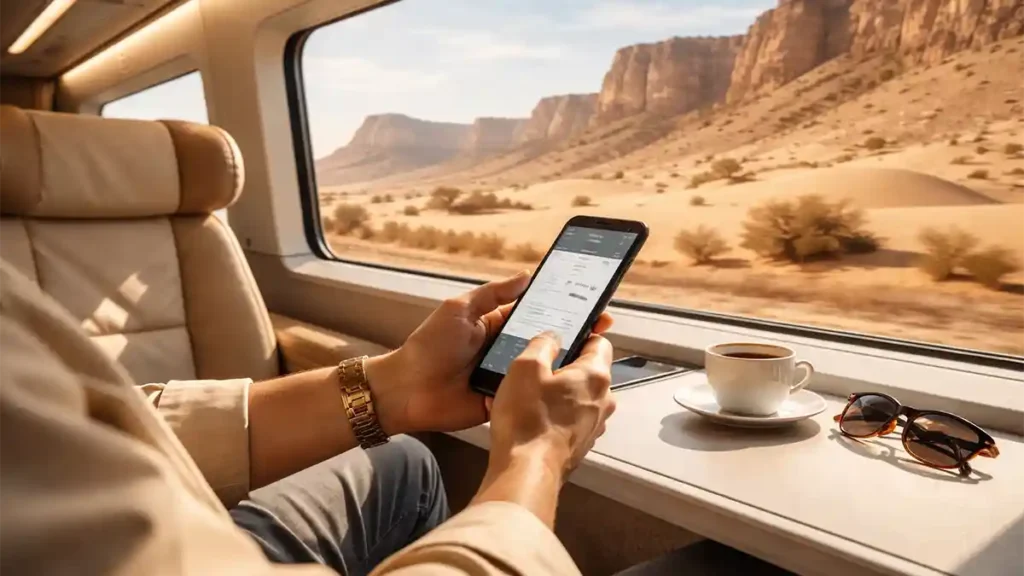 Traveler inside a modern high-speed train in Saudi Arabia with desert scenery visible through large windows
